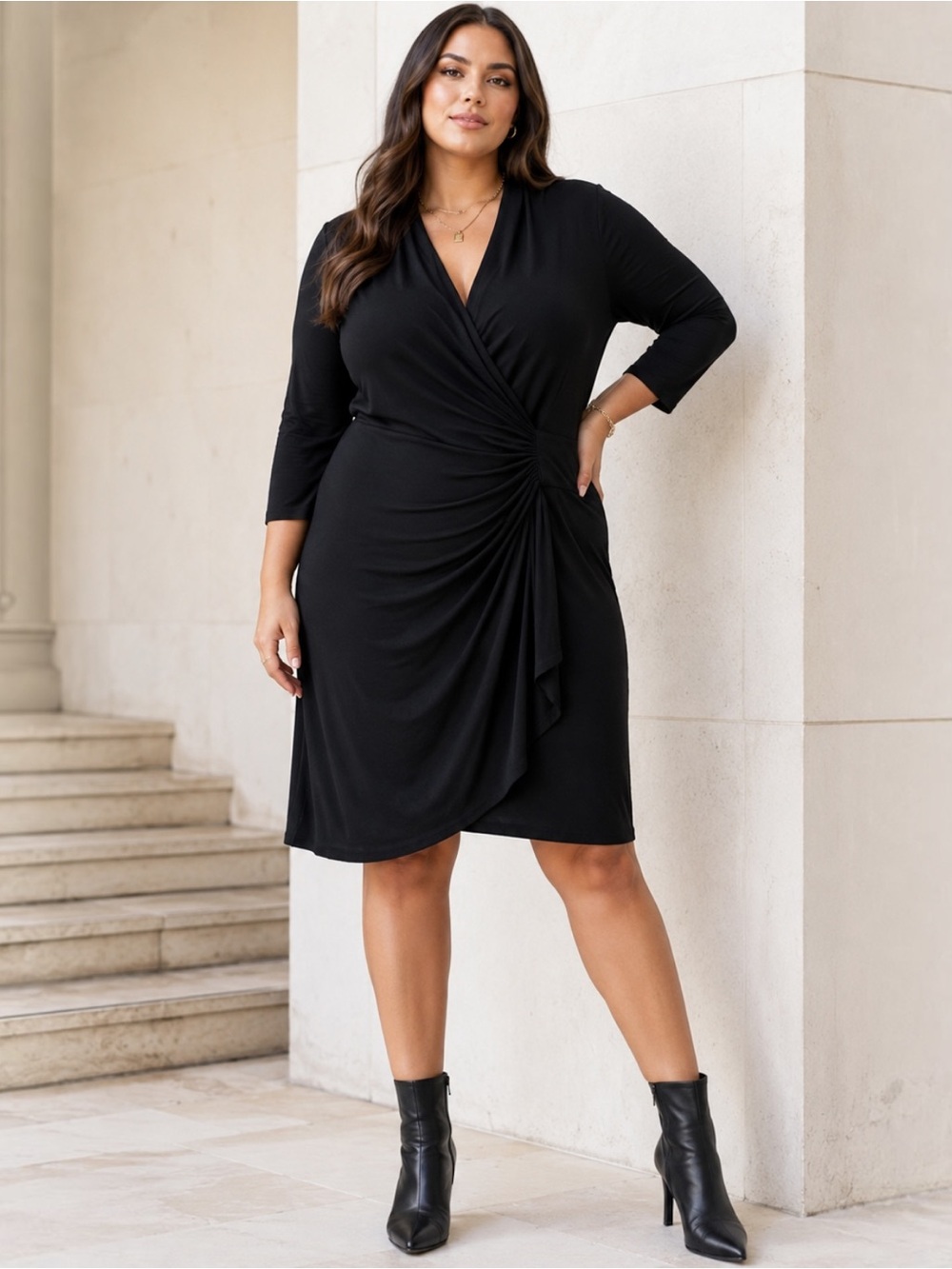Karen Kane Black Faux Wrap Dress 1X Ruched V Neck 3/4 Sleeve Made USA